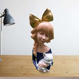                       Mehra's Lifestyle Modern Luxury Bowknot Girl Resin Figurine Holding cat Home Decoration                                              