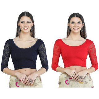 H3F Women Cotton Lycra Stretchable Blouse Combo Pack of Blue  Red (Free Size)