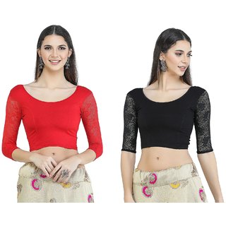 H3F Women Cotton Lycra Stretchable Blouse Combo Pack of Red  Black (Free Size)