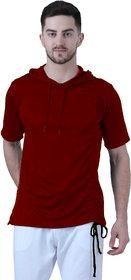 PAUSE Nylon Maroon Solid Hooded Slim Fit Short Sleeve Men's T-Shirt