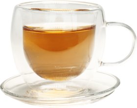Okayti Double Wall Tea Cup  Borosilicate Glass Tea Cup  Saucer