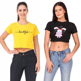 Printed Combo of 2 Crop TOPS of 180 GSM with Bio-Wash 100 Cotton Fabric Tshirts