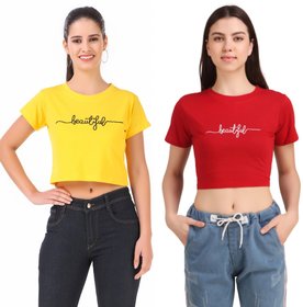 Printed Combo of 2 Crop TOPS of 180 GSM with Bio-Wash 100 Cotton Fabric Tshirts