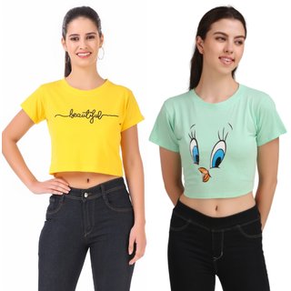                       Printed Combo of 2 Crop TOPS of 180 GSM with Bio-Wash 100 Cotton Fabric Tshirts                                              