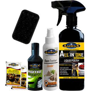 Amwax  All In One Polish 250 Ml , Amwax room freshner Sandal 100,Wash N wax 50ml ,Dashboard pouch 2