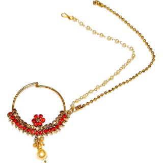 Shrungarika Gold Plated Traditional Ethnic Bridal Nose Ring Nath without piercing with Pearl Golden Chain N 602