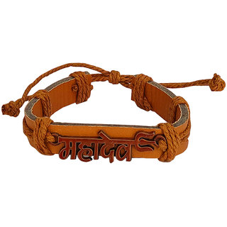                       M Men Style Religious Lord Shiv Mahadev Brown Leather Adjustable Simple Knot Bracelet                                              