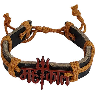                       M Men Style Religious Lord Shiv Trishul Mahakal Brown Leather  For Young Boy  Adjustable Bracelet                                              