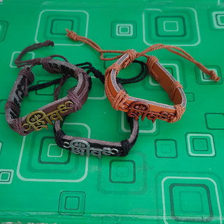                       M Men Style Religious Lord Shiv Trishul Set of 3 Grey Brown And Green Leather For Young Boy Bracelet                                              