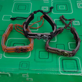                       M Men Style Religious Lord Shiv Trishul Damru Set Of 3 Combo Brown Grey Green Leather  Bracelets                                              