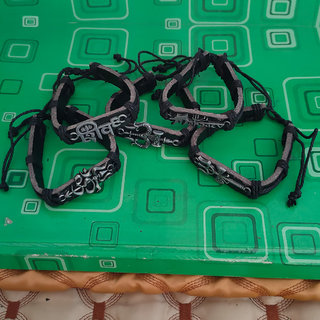                       M Men Style Religious Om Shiv Trishul Mahdev damru Set Of  5 Combo Grey And Black Leather Bracelets                                              