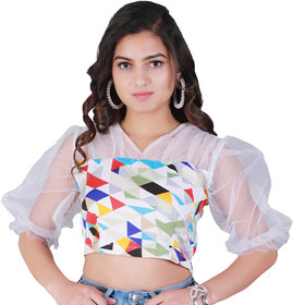 RANJ Women's Top having net over the upper side with a baggy sleeve with elasticated band  velvet pannel on the body.