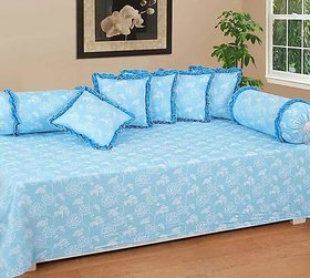 Luxmi Cotton Fabrics  Polycotton Floral Side Freel Diwan Set - Blue  Pack of 8 Pieces