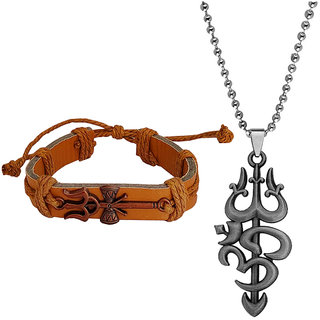                       M Men Style Small Trishul damaru Om  Copper  Leather Zinc Jwellery Set For Men And Women                                              