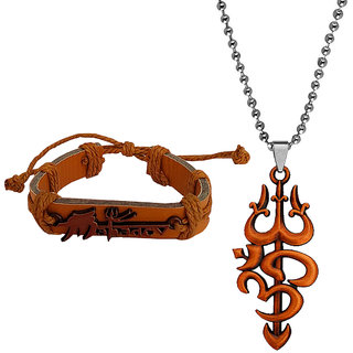                       M Men Style English Alphabet Mahadev Om Trishul Copper  Leather ZincJwellery Set For Men And Women                                              