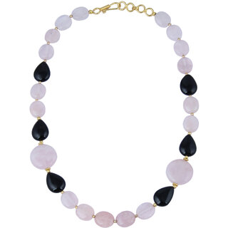                       Pearlz Gallery Enchanting Oval, Coin, Pear Shaped Rose Quartz, Black Agate Gem Stone Beads Necklace For Women                                              