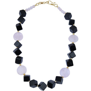                       Pearlz Gallery Contingency Cube, Faceted Round, Coin Shaped Rose Quartz, Black Agate Gem Stone Beads Necklace For Women                                              