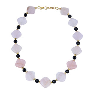                       Pearlz Gallery Cool Diamond, Round Shaped Rose Quartz, Black Agate Gem Stone Beads Necklace For Women                                              