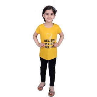                       Kid Kupboard Cotton Half Sleeves Light Yellow Solid T-Shirts for Girl's                                              