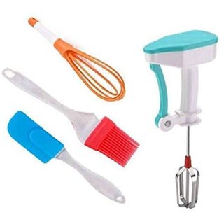                       Combo of Silicon Basting Spatula, Oil Brush, Power Free Hand Blender And Plastic Whisk (Multicolor) by Markwell                                              