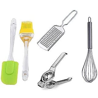 Vessel Crew Kitchen Combo of Sillicon Spetua Sillicon Oil Brush Stainless Steel Egg Whisk Lemon Sqeezer and Cheese Grater (5 pcs)