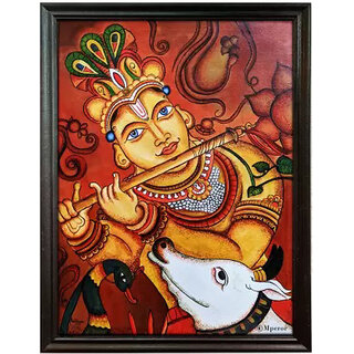                       Kerala Mural Painting #God Krishna# Canvas Print With Jungle Wood Frame# Size (25 x 18.63)                                              