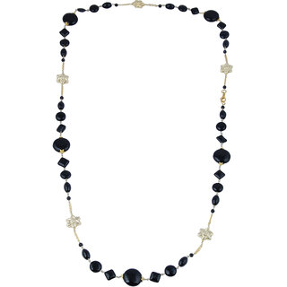                       Pearlz Gallery Ecstasy Drum, Coin, Diamond, Round Shaped Black Agate Gem Stone Beads Necklace For Women                                              