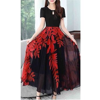                      Vivient Black Red Printed Georgette Maxi Dress For Women                                              