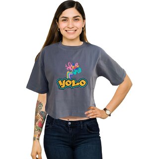 Happy Things Funky YOLO Graphic Grey Oversized Crop Top for Casual I for Women and Girls