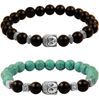                       Pearlz Ocean Onyx and Turquoise Stone Combo of 2 Buddha Beads Bracelet for Men and Women                                              
