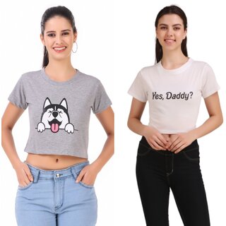                       Printed Combo of 2 Crop TOPS of 170 GSM with Bio-Wash 100 Cotton Fabric Tshirts                                              