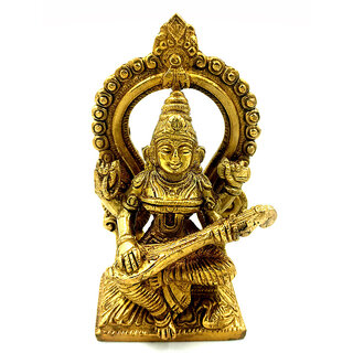                      Arihant Craft Hindu Goddess Saraswati Idol Sarasvati Statue Sculpture Hand Work Showpiece  15 cm (Brass, Gold)                                              