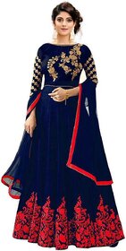 Embroidered Satin Blend Semi Stitched Anarkali Gown  (Red, Blue)