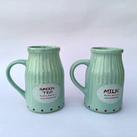 Handcrafted Tea Coffee Milk Flask Can Tall Mugs (Ocean Green,  425ml,) |Milk Mugs| Cappuccino | Espresso | Set of 2