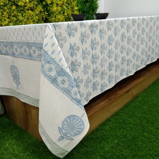                       Urban Village Blue Carnation Table Cloth 8 Seater Dining Table,100 Cotton Hand Block Print (152.4 cm 274.32 cm)                                              