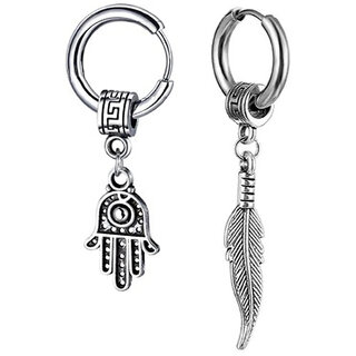                       M Men Style Fatima Hamsa Hand Palm & Chrismas Gift  Feather  Silver  Stainless Steel Hoop Earrings                                              