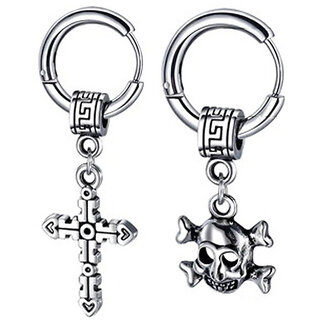                       M Men Style  Jesus Cross & Gothic Skeleton Head Dangle Studs  Silver Stainless Steel Hoop Earrings                                              