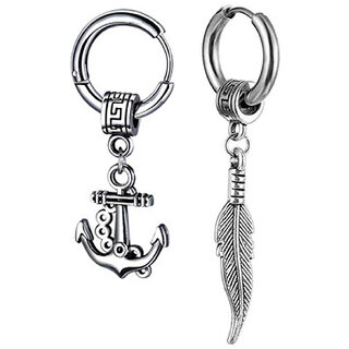                       M Men Style  Wheel Ship Anchor  With Chrismas Gift  Feather Silver  Stainless Steel  Hoop Earrings                                              