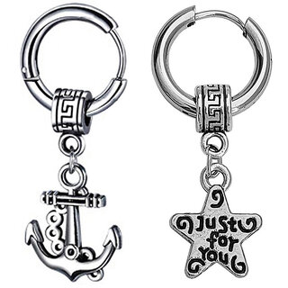                       M Men Style  Wheel Ship Anchor  With  Just  for  you Star  Silver  Stainless Steel   Hoop Earrings                                              