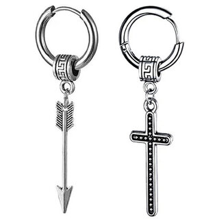                       M Men Style  Arrowhead  Huggie With  Jesus  Cross  Huggie  Silver  Stainless Steel   Hoop Earrings                                              