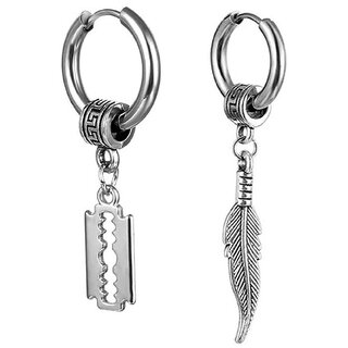                       M Men Style Razor Blade With Chrismas Gift  Feather  Ring  Silver  Stainless  Steel  Hoop Earrings                                              