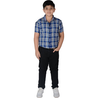                       Kid Kupboard Cotton Half-Sleeves Check Printed Shirt For Boys (Blue)                                              