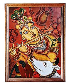 Emperor Art Gallery# Kerala Mural Painting God Krishna Digital RePrint# With Original Teak Wood Frame#(13.1 x 9.8)#