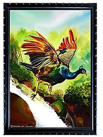 Emperor Art Gallery Peacock Art Painting Print With Laminated # Wood Frame # (Size 19.4 x 13.5)