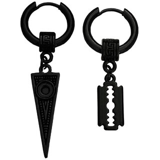                       M Men Style Hollow-Out  Triangle  Rock  With Razor Blade Dangle Black  Stainless Steel Hoop Earrings                                              
