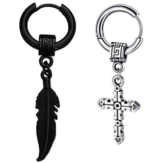                       M  Men  Style  Feather  Ring  Long  Chain  With  Christ  Jesus  Cross  Stainless Steel Hoop Earrings                                              