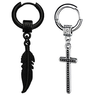                       M  Men  Style Feather  Ring  Long  Chain  With Christ  Jesus  Cross  Stainless  Steel Hoop Earrings                                              