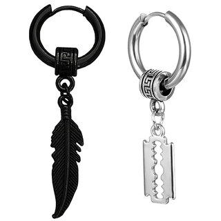                       M Men  Style Feather  Ring  Long  Chain  With  Razor  Blade  Dangle  Stainless Steel  Hoop Earrings                                              