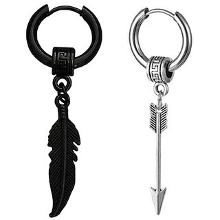                       M Men Style  Feather  And  Ring  Long  Chain  With  Arrowhead  Stainless  Steel  Hoop Earrings                                              