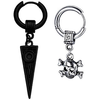                       M Men Style Hollow-Out Triangle Rock   Gothic  Skeleton  Head Dangle  Stainless  Steel Hoop Earrings                                              